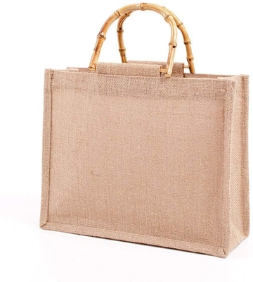 Portable Burlap Jute Shopping Bag Bamboo Loop Handles Reusable Tote Grocery Bags for Women