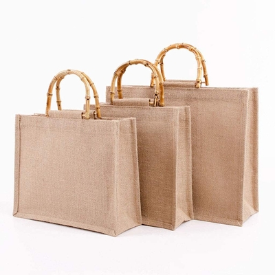 Portable Burlap Jute Shopping Bag Bamboo Loop Handles Reusable Tote Grocery Bags for Women