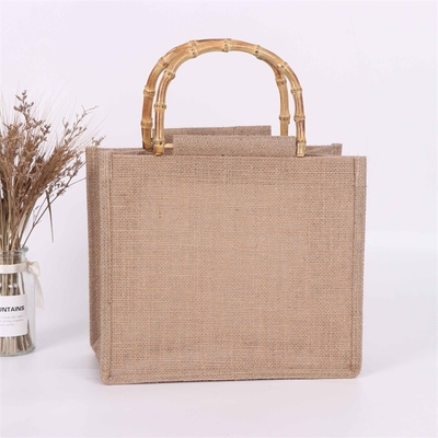 Reusable Shopping Burlap Tote Bag Jute Tote Bag Bamboo Handle