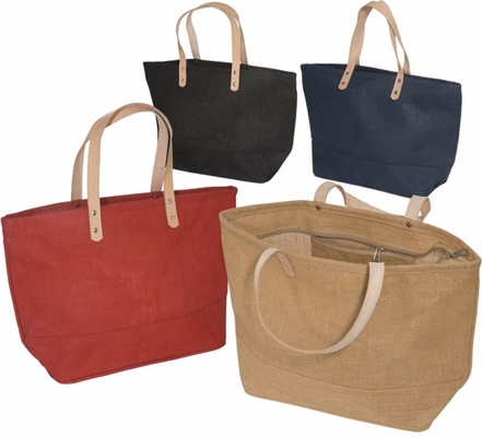 Household Large Cotton Burlap Tote Bag With Leather Handle