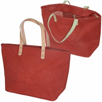 Household Large Cotton Burlap Tote Bag With Leather Handle