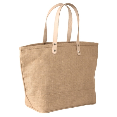 Household Large Cotton Burlap Tote Bag With Leather Handle