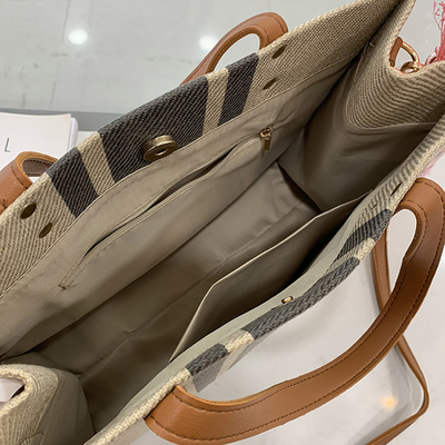 Blank Leather Handle Custom Linen Cotton Canvas Tote Bag With Pocket