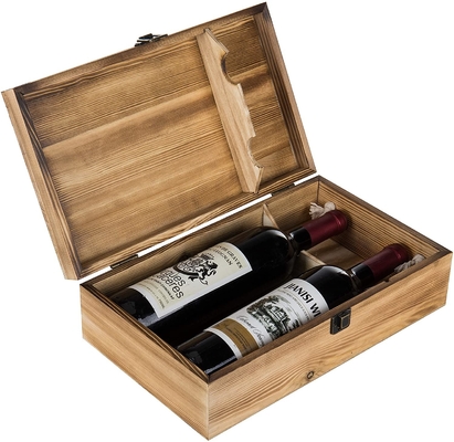 Torched Double Bottle Wooden Wine Box Top Handle Hinged Lid Carrier