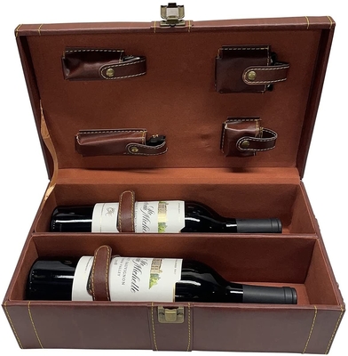 New Style Pu Wood Grain Portable Double Bottle Wine Box Business Gift