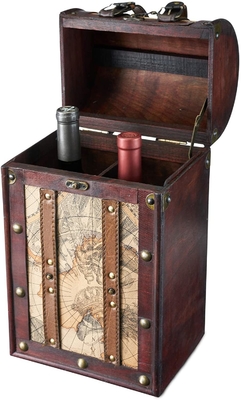 2 Bottle Faux Leather Antique Map Design Wooden Wine Box With Lid And Handle