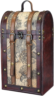 2 Bottle Faux Leather Antique Map Design Wooden Wine Box With Lid And Handle