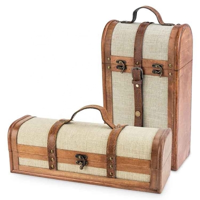 2 Bottle Faux Leather Antique Map Design Wooden Wine Box With Lid And Handle